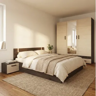 Dormitor Hoff Sparta, Pat 160x200 cm, Dulap 3 usi, 2 Noptiere, Stejar Cacao/ Castan Virginia